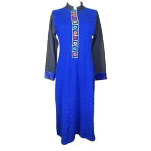 Taplis Womens Ethnic Sweater Dress Velour Knit Colored Flowers Blue Black Size M